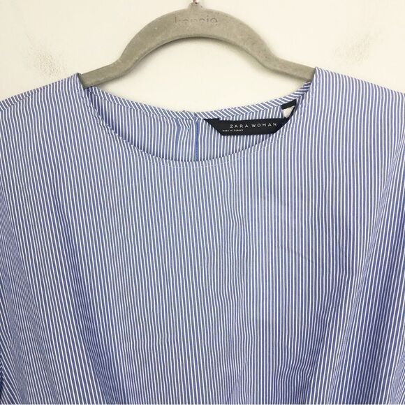 ZARA | NEW Blue & White Striped Poplin Tie Front Button Back Top Women’s Size XL - Picture 4 of 10